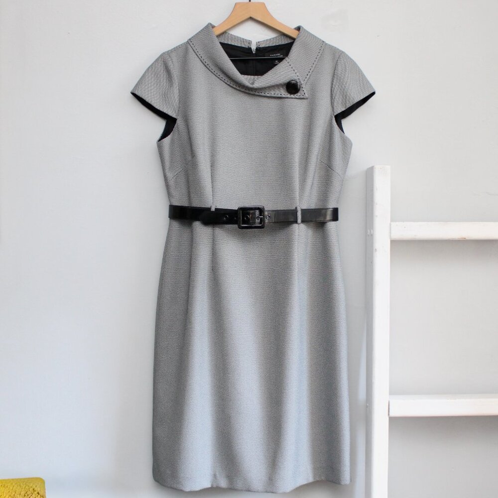 Tahari ASL Black White Patterned Roll Collar Tailored Sheath Retro Dress sz 12